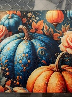 Hand Crafted Blue and Orange Pumpkin Glass Cutting Board 11”x8”